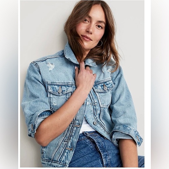 NWT Old Navy distressed pleated front jean jacket relaxed fit Size XL classic - Picture 1 of 8